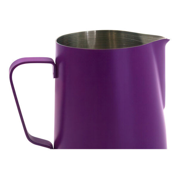 A Rhino Coffee Gear stainless steel milk pitcher with a vivid plum finish and a stainless steel handle.