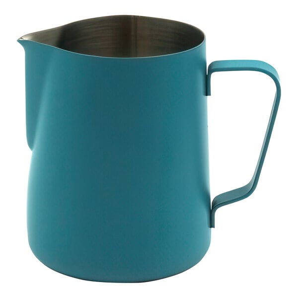 A teal blue stainless steel milk pitcher with a handle.