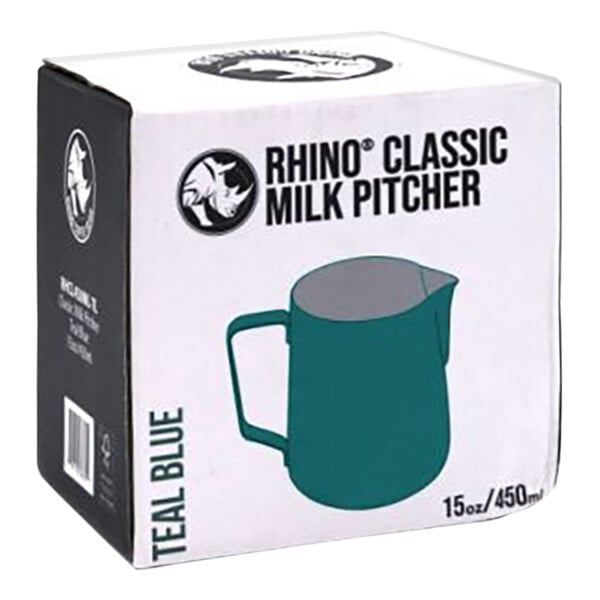 A box with a teal blue Rhino Coffee Gear stainless steel milk pitcher on it.