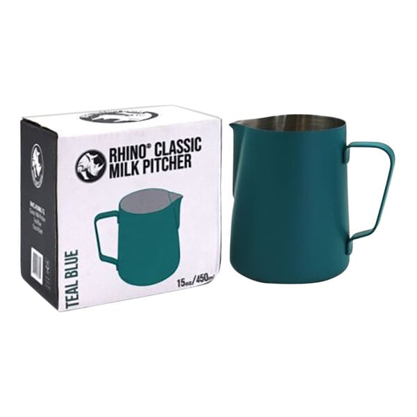 A teal blue Rhino Coffee Gear Classic milk pitcher with a box.