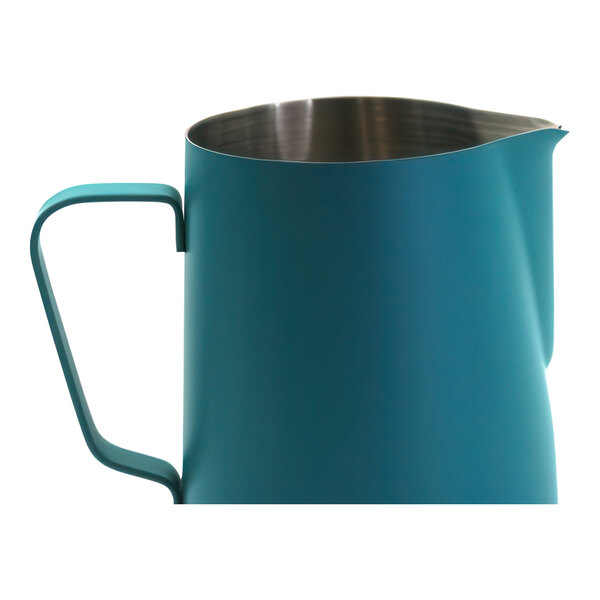 A teal blue stainless steel pitcher with a handle.