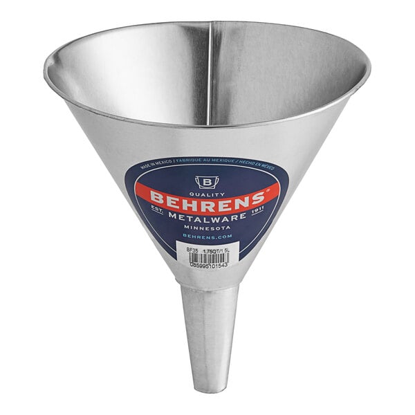 A silver metal Behrens funnel with a metal handle.