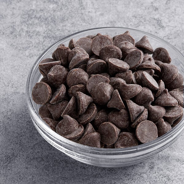 A bowl of Guittard semi-sweet vegan chocolate chips.