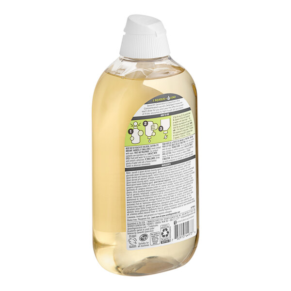 A close up of a Seventh Generation EasyDose Power+ Clean Scent Ultra-Concentrated Laundry Detergent bottle with a white cap.