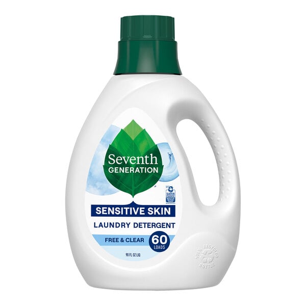 A white bottle of Seventh Generation Free & Clear Liquid Laundry Detergent with a green label.