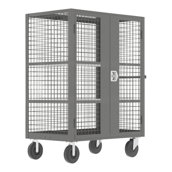 A grey Valley Craft security cart with shelves and a cage on wheels.