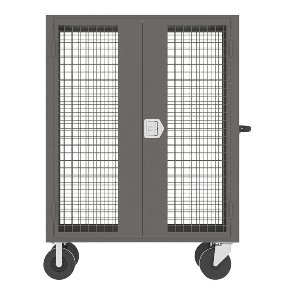 A grey metal Valley Craft security cart with wire mesh doors.