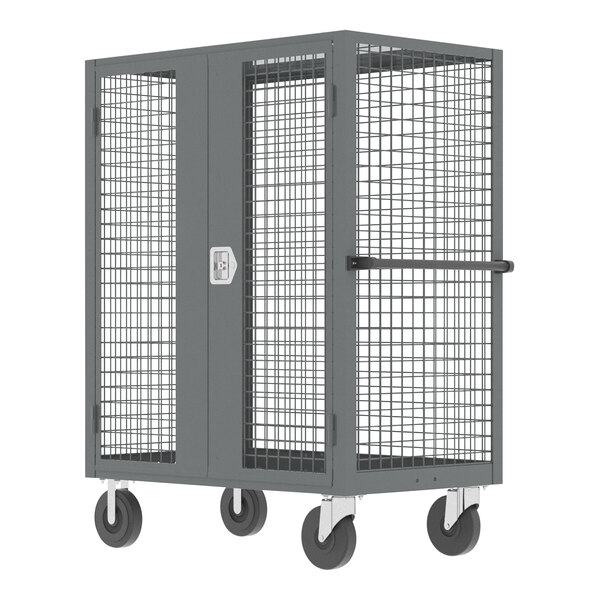 A grey Valley Craft security cart with shelves and a cage on wheels.