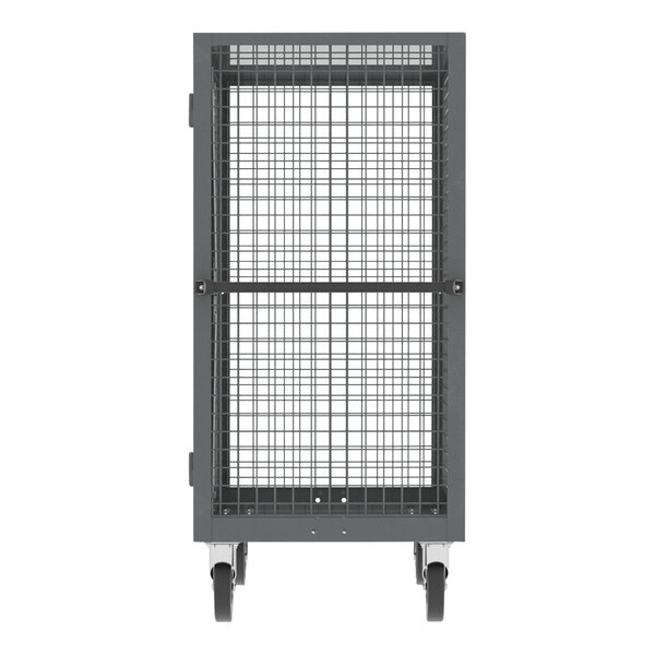 A gray metal security cart with shelves and bars on wheels.