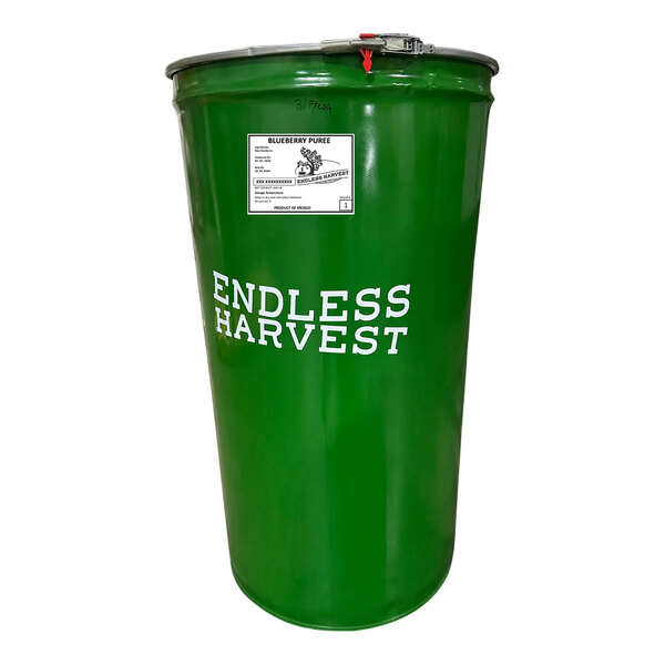 A green drum with white text reading "Endless Harvest Blueberry Puree"