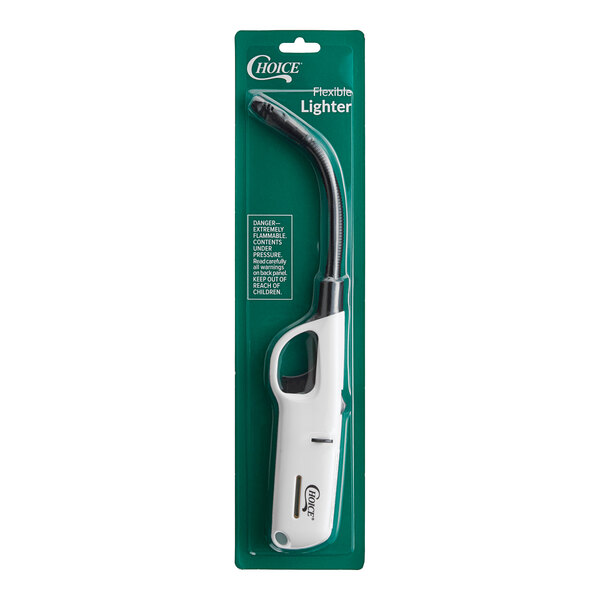 A white Choice multi-purpose lighter with a green flexible nozzle.