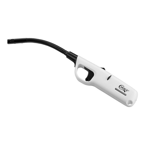 A white Choice multi-purpose lighter with a black flexible nozzle.