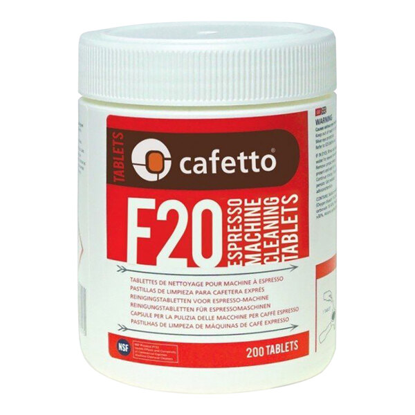 A white plastic container of Cafetto F20 Espresso Machine Cleaning Tablets with a red label.