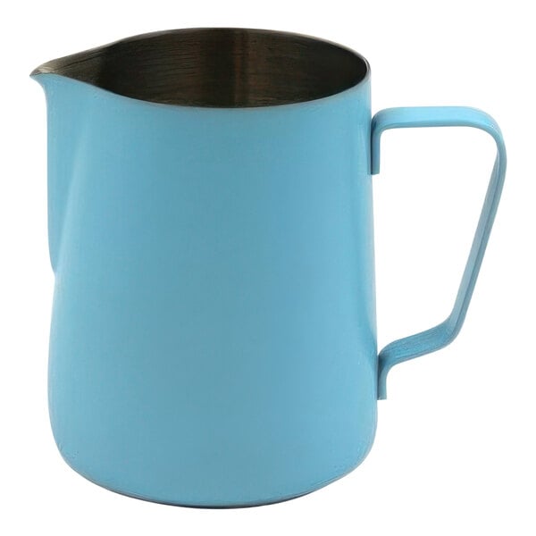 A blue stainless steel Rhino Coffee Gear milk pitcher with a handle.