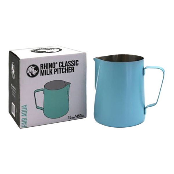 A Fair Aqua stainless steel milk pitcher with the Rhino Coffee Gear logo on the box.