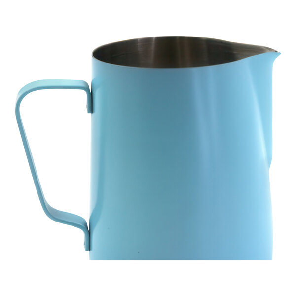 A Rhino Coffee Gear stainless steel milk pitcher with a blue finish.