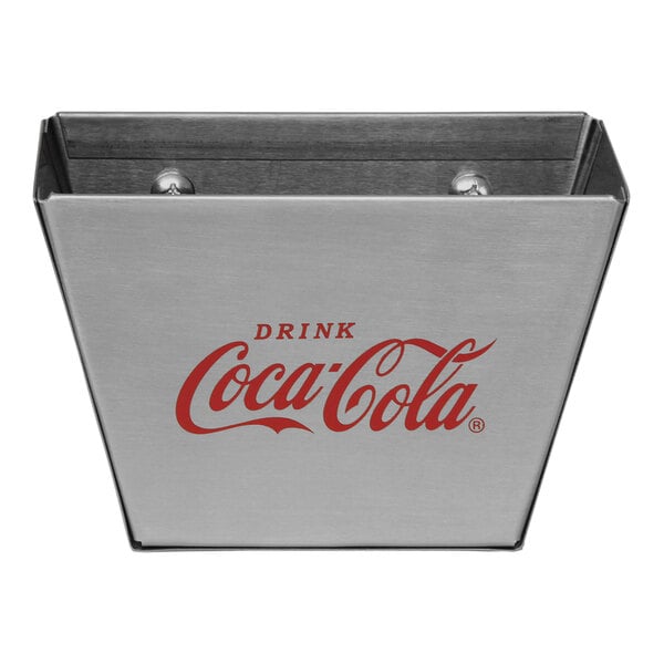 A Tablecraft stainless steel cap catcher with red Coca-Cola text.