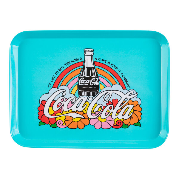 A blue Tablecraft Coca-Cola tray with a rainbow and logo.