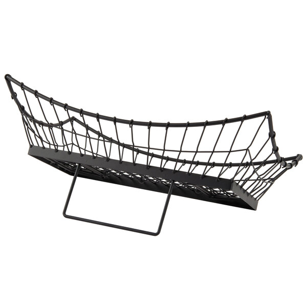 A Tablecraft black metal rectangular basket with a handle.