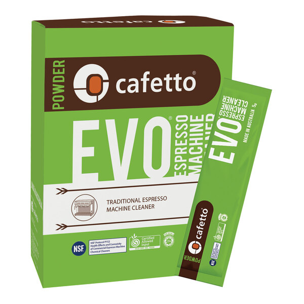 A green and white package of Cafetto EVO espresso machine cleaner sachets.