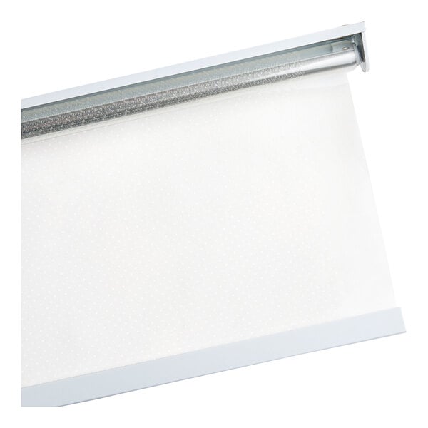 An Avantco night curtain with a white metal frame and white roll-up shade.