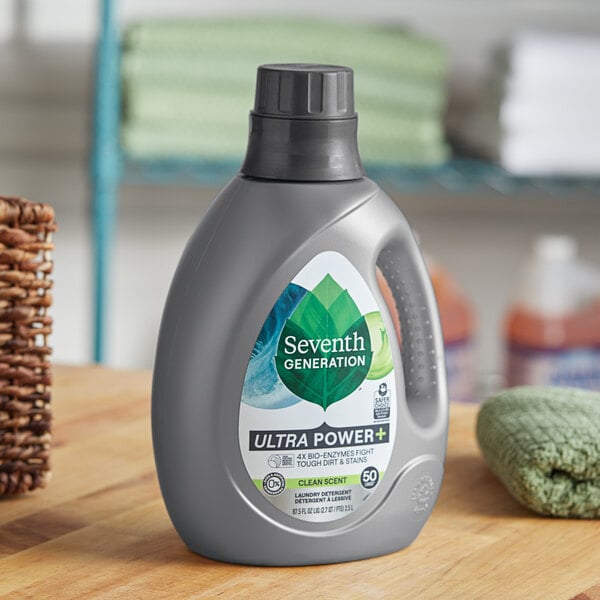 A case of four Seventh Generation Ultra Power Liquid Laundry Detergent bottles on a table.