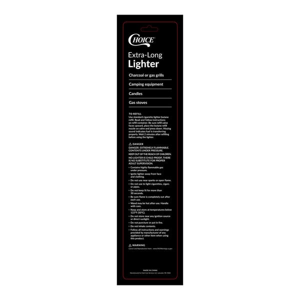 A black rectangular box with white text reading "Choice Extra Long Multi-Purpose Lighter" and a black and white warning sign.
