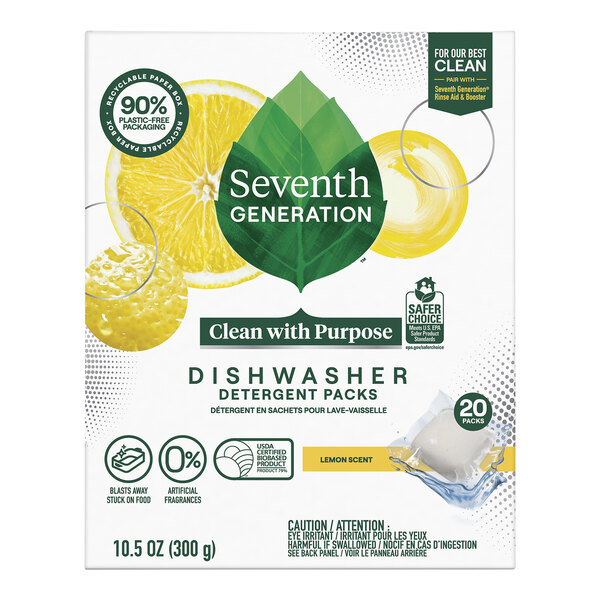 A box of Seventh Generation Lemon Dishwasher Detergent Packs with a yellow circle and silver band.