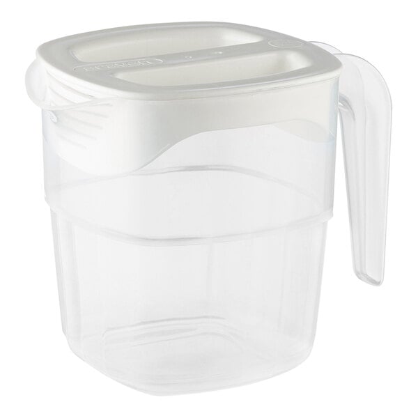 An Araven clear plastic pitcher with a white lid and handle.