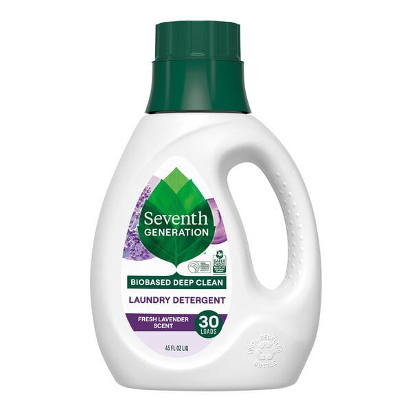 A white bottle of Seventh Generation lavender liquid laundry detergent with a green label.
