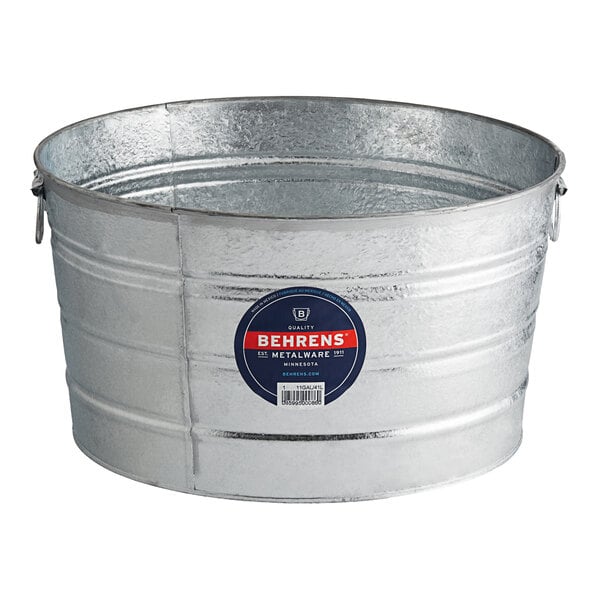 A Behrens hot-dipped steel round tub with a blue and red label.