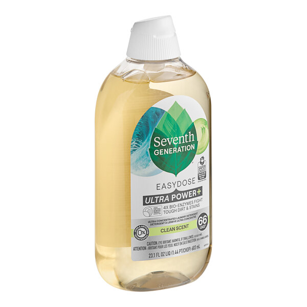 A Seventh Generation EasyDose Power+ Clean Scent Ultra-Concentrated Laundry Detergent bottle with a green and white label and cap.
