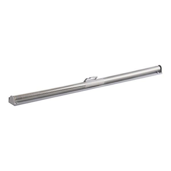 A silver stainless steel tube with a handle.