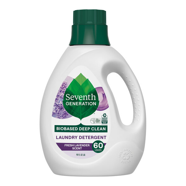 A white Seventh Generation bottle of lavender liquid laundry detergent with a green label.