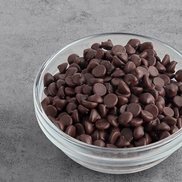 A bowl of Guittard Sante 72% Coconut Sugar Dark Chocolate chips.
