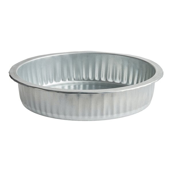 A round silver Behrens galvanized steel utility pan with a ruffled edge.