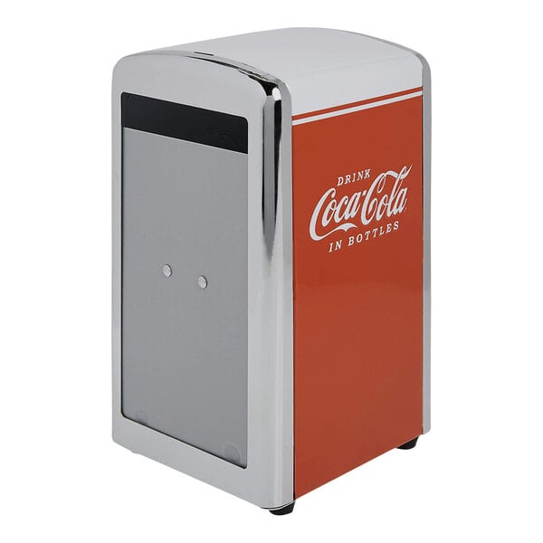 A Tablecraft Coca-Cola tallfold napkin dispenser with a red and white logo.