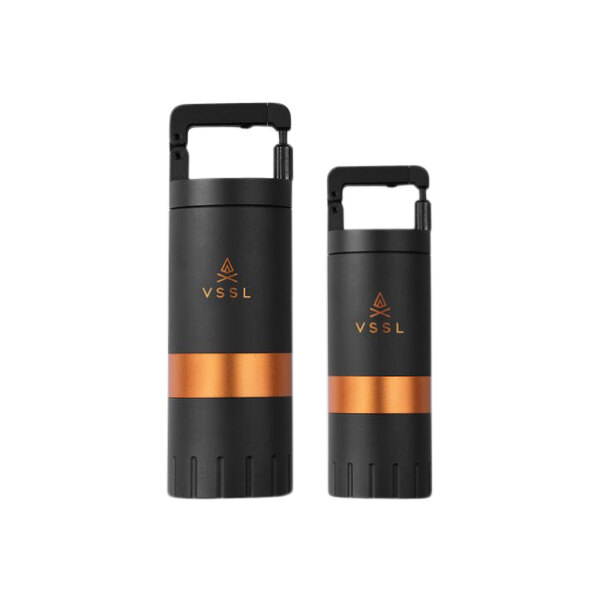 A black and gold cylindrical VSSL coffee grinder container.