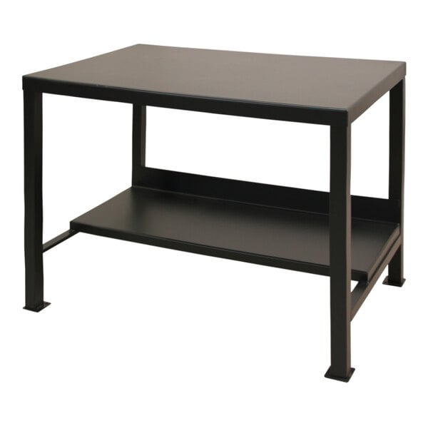 A black Valley Craft welded steel work table with a shelf on top.