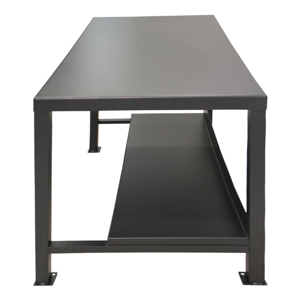A black metal work table with a shelf.