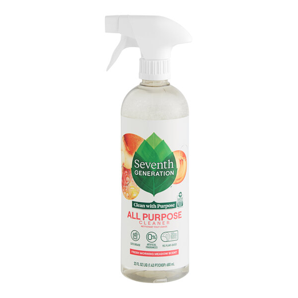 A white spray bottle of Seventh Generation Fresh Morning Meadow All-Purpose Cleaner with a white label.