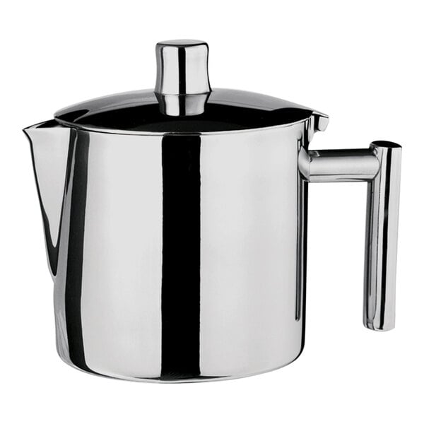 A silver stainless steel WNK by Steelite International Diva tea pot with a handle.