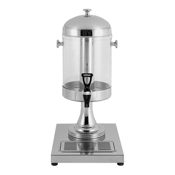 A stainless steel and clear beverage dispenser with an ice chamber and a spigot, mounted on a square stand.