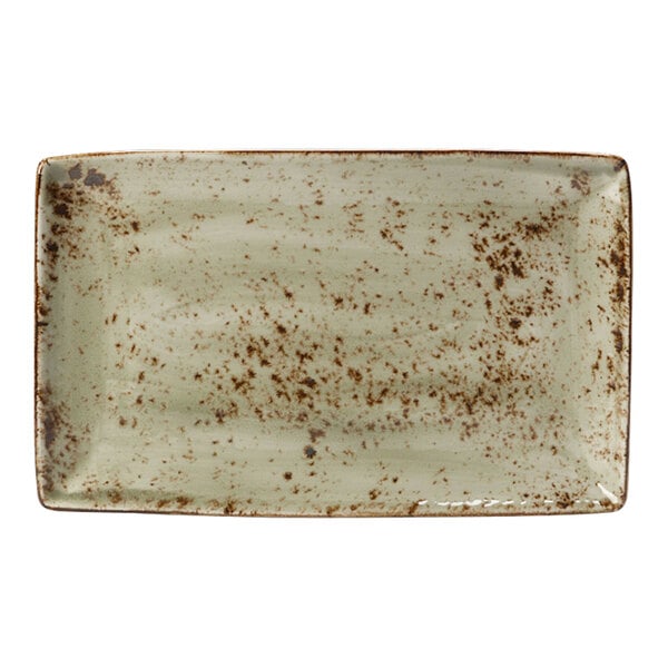 A Steelite Performance Craft rectangular tray with brown speckled edges.