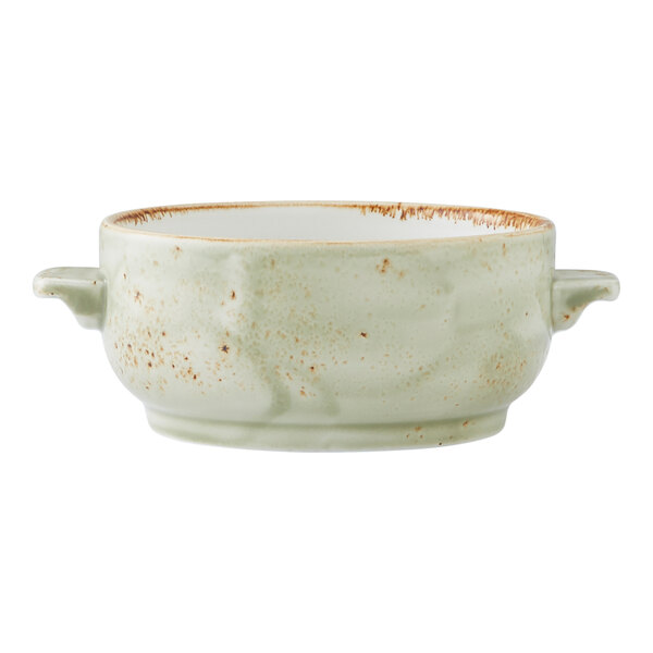 A green ceramic soup bowl with two small side handles.