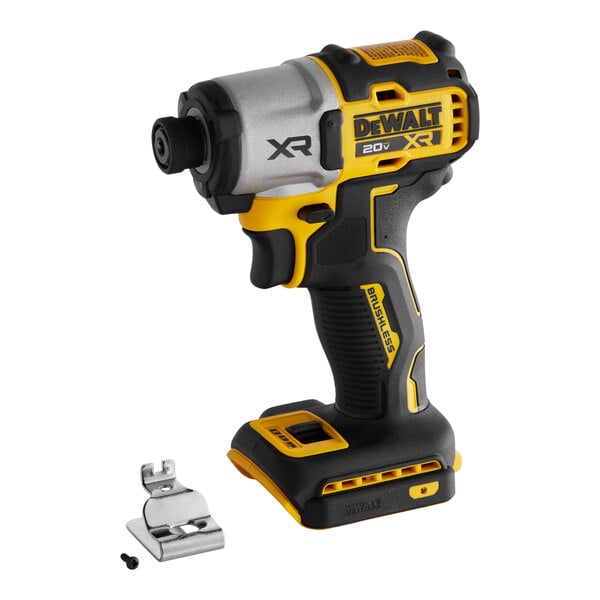 A yellow and black DeWalt cordless impact driver with belt hook.