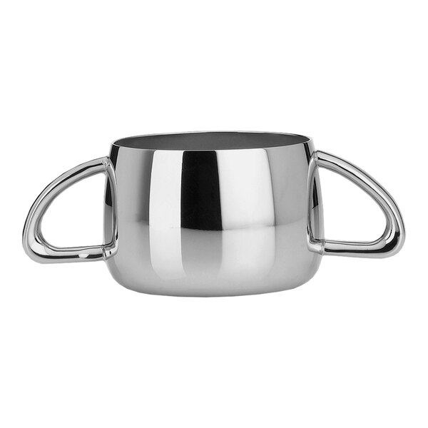 A silver stainless steel WNK by Steelite International Kamina sugar bowl with two handles.