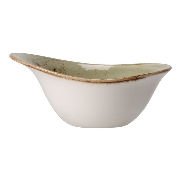 A white Steelite Performance Craft bowl with a green rim.