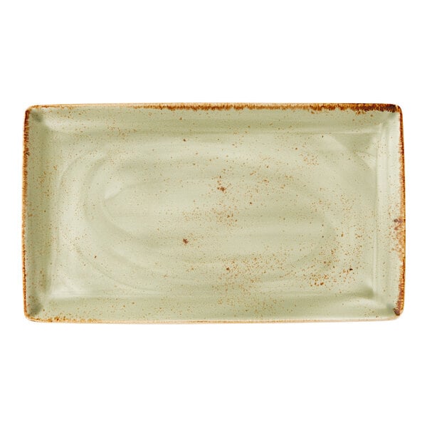 A green rectangular ceramic tray with a rustic, speckled finish and slightly raised edges.