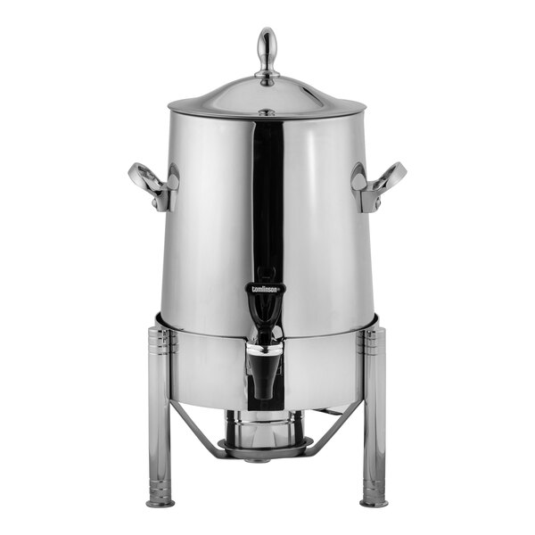 A stainless steel coffee urn with straight legs and side handles.